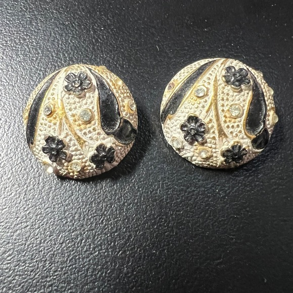 Jewelry - Vintage BSK Clip On Earrings White Enamel Blue Flowers Gold Tone